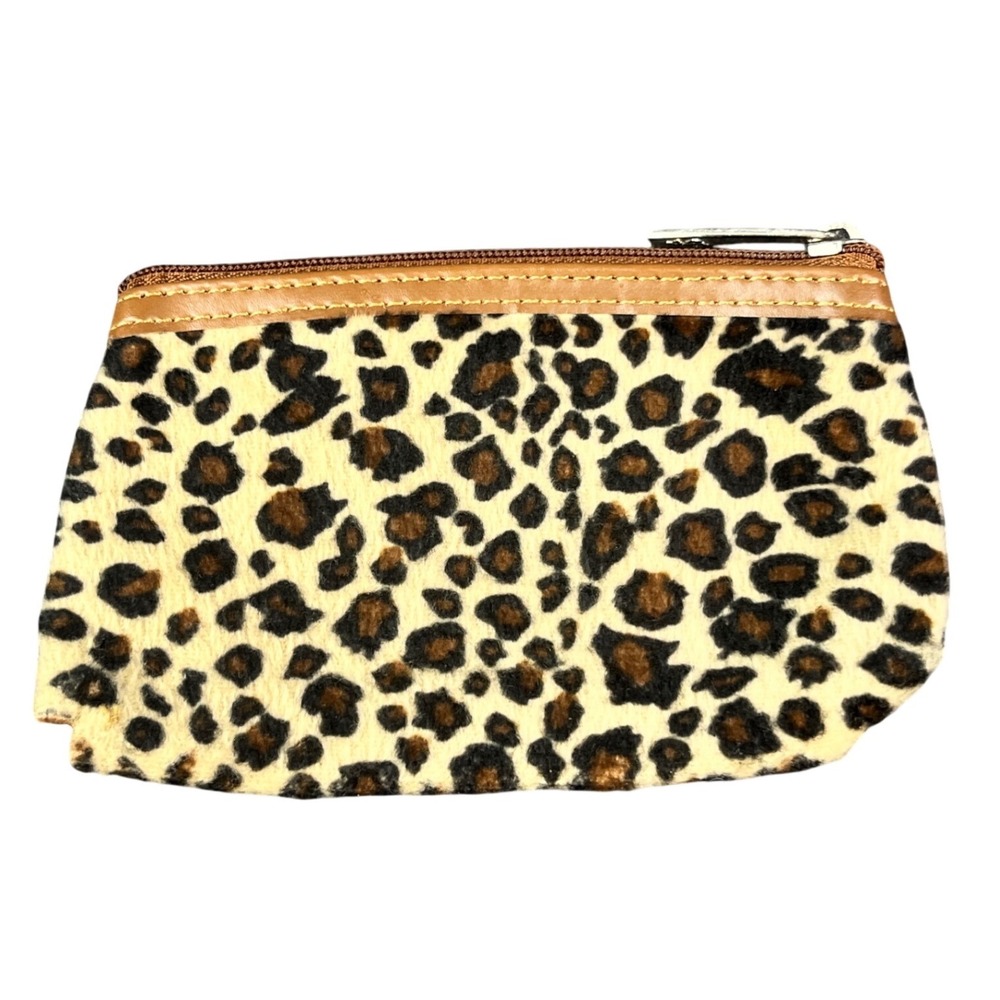 Lancome Leopard Print Faux Fur Coin Purse Mini Zipper Pouch Brown Tan